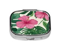 Pastillero con patrón de flores de hibisco rosa, pastillero de viaje, organizador de pastillas cuadrado pequeño para bolso y regalos de bolsillo