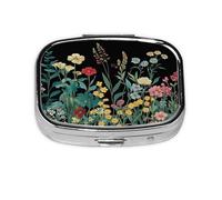 Pastillero con patrón de flores y plantas, color negro y rosa, organizador de pastillas, organizador de pastillas de viaje, caja de medicina cuadrada pequeña para bolso y regalos de bolsillo