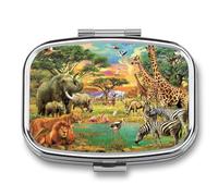 Pastillero Cuadrado African Grassland Animals Pastillero Con 2 Compartimentos Con Espejo, Dispensador De Metal Portátil A De Humedad, Caja De Almacenamiento