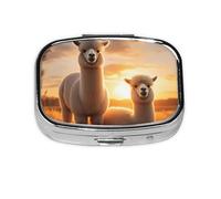 Pastillero cuadrado Alpacas At Sunset Embrace Mini organizador de medicamentos de viaje de metal, 2 compartimentos, bolsillo portátil, pequeño estuche de almacenamiento
