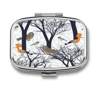 Pastillero Cuadrado Aves Del Bosque Pastillero Con 2 Compartimentos Con Espejo, Dispensador De Metal Portátil A De Humedad, Caja De Almacenamiento