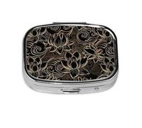 Pastillero cuadrado bohemio con estampado de flores de loto dorado, pastillero de 2 compartimentos, pastillero portátil para viajes en casa