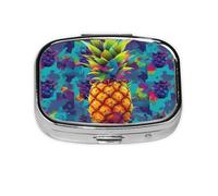 Pastillero cuadrado colorido con estampado de piña, pastillero cuadrado de metal con 2 compartimentos, organizador portátil de píldoras, bonito contenedor de pastillas para bolsillo, oficina, viajes