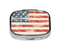 Pastillero cuadrado con bandera de Estados Unidos, mini organizador de medicamentos de viaje de metal, 2 compartimentos, bolsillo portátil, pequeño estuche de almacenamiento