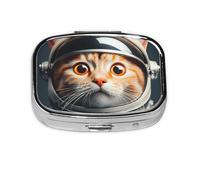 Pastillero cuadrado con diseño de astronauta de gato, mini organizador de medicamentos de viaje de metal, 2 compartimentos, portátil, pequeño estuche de almacenamiento