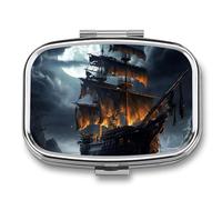 Pastillero cuadrado con diseño de barco pirata, diseño de luna llena, pastillero portátil, organizador de vitaminas para bolsillo