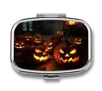 Pastillero cuadrado con diseño de farol de calabaza, portátil, organizador de vitaminas para bolsillo