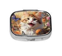 Pastillero cuadrado con diseño de gato, diseño de flores, mariposa, mini pastillero de metal para bolso, pequeño y lindo organizador de píldoras de medicina de 2 compartimentos, portátil, para
