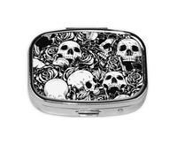 Pastillero cuadrado con estampado de calavera floral negra, pastillero de 2 compartimentos, pastillero portátil para viajes en casa