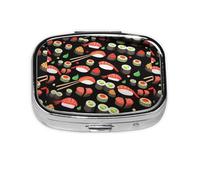Pastillero cuadrado con estampado de camarones de sushi japonés, pastillero de 2 compartimentos, pastillero portátil para viajes en casa