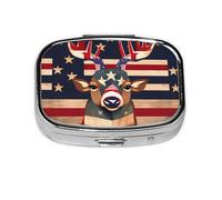 Pastillero cuadrado con estampado de ciervo de bandera de Estados Unidos, pastillero de 2 compartimentos, pastillero portátil para viajes en casa
