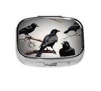 Pastillero cuadrado con estampado de pájaros en una rama de cuervo negro, pastillero de 2 compartimentos, pastillero portátil para viajes en casa