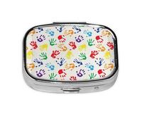 Pastillero cuadrado con formas de mano coloridas con estampado de arco iris, pastillero de 2 compartimentos, pastillero portátil para viajes en casa