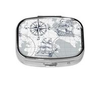 Pastillero cuadrado con impresión de mapa de barco, pastillero de 2 compartimentos, pastillero portátil para viajes en casa