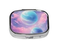 Pastillero cuadrado con textura de galaxia, mini organizador de medicamentos de viaje de metal, 2 compartimentos, portátil, pequeño estuche de almacenamiento