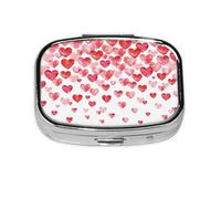Pastillero cuadrado cuadrado de metal chapado en hierro con estampado de corazones rojos caídos, pastillero portátil para el hogar o bolso de viaje