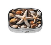 Pastillero cuadrado cuadrado de metal chapado en hierro con estampado de estrellas de mar y conchas para el hogar o bolso de viaje