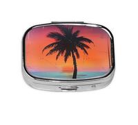 Pastillero cuadrado cuadrado de metal chapado en hierro con estampado de puesta de sol tropical para el hogar o bolso de viaje