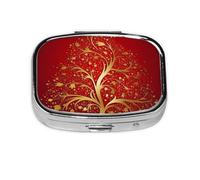 Pastillero cuadrado de árbol dorado con fondo rojo, mini pastillero de metal para bolso, pequeño y lindo organizador de píldoras de medicina de 2 compartimentos, soporte portátil para medicinas