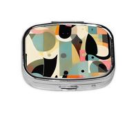 Pastillero cuadrado de arte moderno de mediados de siglo con diseño de impresión completa, estuche de viaje de metal portátil para vitaminas y medicamentos, 2.2 x 1.6 x 0.7 pulgadas.