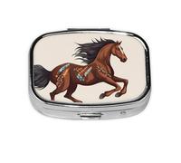 Pastillero cuadrado de caballo marrón, mini pastillero de metal para bolso, pequeño y lindo organizador de píldoras de medicina de 2 compartimentos, soporte portátil para medicinas diarias y vitaminas