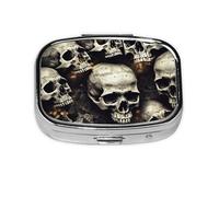 Pastillero cuadrado de calaveras y huesos, mini pastillero de metal para bolso, pequeño y bonito organizador de píldoras de medicina de 2 compartimentos, portátil, para medicinas diarias y vitaminas