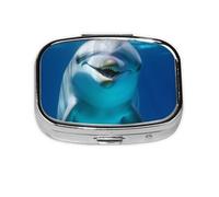 Pastillero cuadrado de delfín con sonrisa, mini pastillero de metal para bolso, pequeño y lindo organizador de píldoras de medicina de 2 compartimentos, portapíldoras portátil para medicinas diarias y