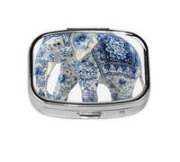 Pastillero cuadrado de elefante azul y blanco mini organizador de medicamentos de viaje de metal, 2 compartimentos, bolsillo portátil, pequeño estuche de almacenamiento