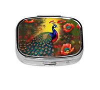 Pastillero cuadrado de flores de pavo real, ligero y portátil, con 2 insertos de plástico, adecuado para llevar en bolsillos o carteras.