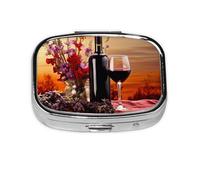 Pastillero cuadrado de flores de vino tinto, mini pastillero de metal para bolso, pequeño y lindo organizador de píldoras de medicina de 2 compartimentos, soporte portátil para medicinas diarias y