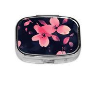 Pastillero cuadrado de flores rosadas, mini organizador de medicamentos de viaje de metal, 2 compartimentos, portátil, pequeño estuche de almacenamiento