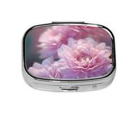 Pastillero cuadrado de flores rosadas, mini pastillero de metal para bolso, pequeño y lindo organizador de píldoras de medicina de 2 compartimentos, soporte portátil para medicinas diarias y vitaminas