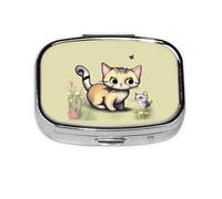 Pastillero cuadrado de gato y mariposa con diseño de impresión completa, estuche de viaje de metal portátil para vitaminas y medicamentos, 2.2 x 1.6 x 0.7 pulgadas.