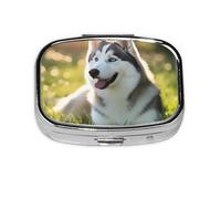 Pastillero cuadrado de husky siberiano en hierba, mini organizador de medicamentos de viaje de metal, 2 compartimentos, bolsillo portátil, pequeño estuche de almacenamiento