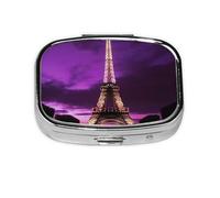 Pastillero cuadrado de la Torre Eiffel de color morado, mini pastillero de metal para bolso, pequeño y lindo organizador de píldoras de medicina de 2 compartimentos, portátil, para medicinas diarias y