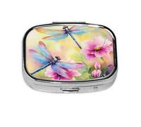 Pastillero cuadrado de libélula para pintura al óleo, mini organizador de medicamentos de viaje de metal, 2 compartimentos, bolsillo portátil, pequeño estuche de almacenamiento