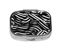 Pastillero cuadrado de líneas blancas y negras, ligero y portátil, con 2 insertos de plástico, adecuado para llevar en bolsillos o carteras.