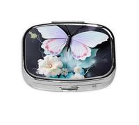 Pastillero cuadrado de mariposa blanca, ligero y portátil, con 2 insertos de plástico, adecuado para llevar en bolsillos o carteras.