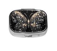 Pastillero cuadrado de mariposa con diamantes de imitación, mini organizador de medicamentos de viaje de metal, 2 compartimentos, bolsillo portátil, pequeño estuche de almacenamiento