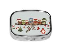 Pastillero cuadrado de metal chapado en hierro con diseño de búhos de Navidad en rama, pastillero portátil para el hogar o bolso de viaje