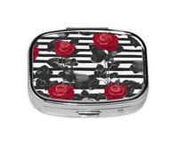 Pastillero cuadrado de metal chapado en hierro con diseño de rayas blancas y negras y rosas rojas, pastillero portátil para el hogar o bolso de viaje