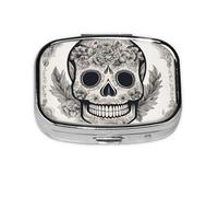 Pastillero cuadrado de metal chapado en hierro con estampado de calavera mexicana, pastillero portátil para el hogar o bolso de viaje