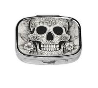 Pastillero cuadrado de metal chapado en hierro con estampado de calavera mexicana, pastillero portátil para el hogar o bolso de viaje