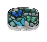 Pastillero cuadrado de metal chapado en hierro con estampado de mariposa azul verde y mariposa verde para el hogar o bolso de viaje