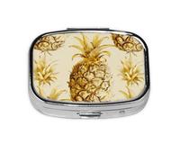 Pastillero cuadrado de metal chapado en hierro con estampado de piña dorada, pastillero portátil para el hogar o bolso de viaje