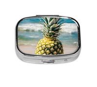 Pastillero cuadrado de metal chapado en hierro con estampado de piña en la playa, pastillero portátil para el hogar o bolso de viaje