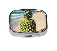 Pastillero cuadrado de metal chapado en hierro con estampado de piña en la playa, pastillero portátil para el hogar o bolso de viaje