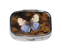 Pastillero cuadrado de metal con 2 compartimentos, organizador portátil de píldoras con diseño de mariposa sobre fondo marrón, bonito pastillero para bolsillo, oficina, viajes