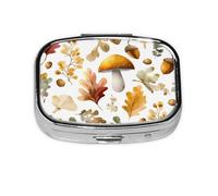 Pastillero cuadrado de metal con diseño de hongos y hojas, organizador de medicamentos de viaje, 2 compartimentos, portátil, pequeño estuche de almacenamiento