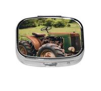 Pastillero cuadrado de metal con diseño de tractor antiguo, organizador de medicamentos de viaje, 2 compartimentos, portátil, pequeño estuche de almacenamiento